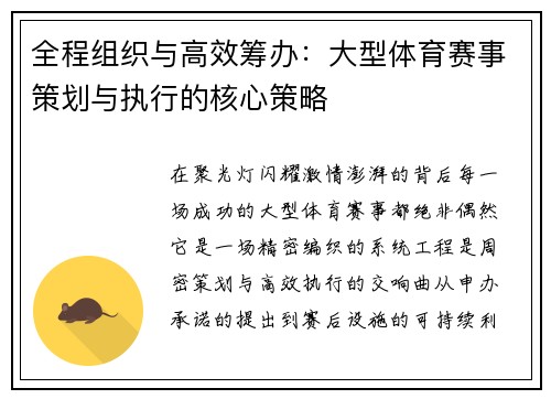 全程组织与高效筹办：大型体育赛事策划与执行的核心策略